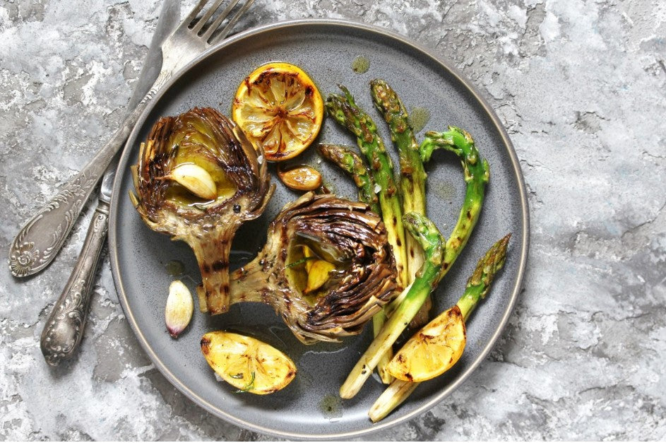 Grilled artichoke and asparagus with a lemon and garlic twist