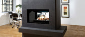 Two sided Gemini fireplace by Marquis with stone fuel bed