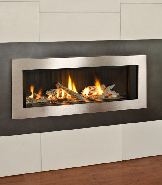 Valor L2 Linear Series Gas Fireplace - Driftwood Set / Silver Surround