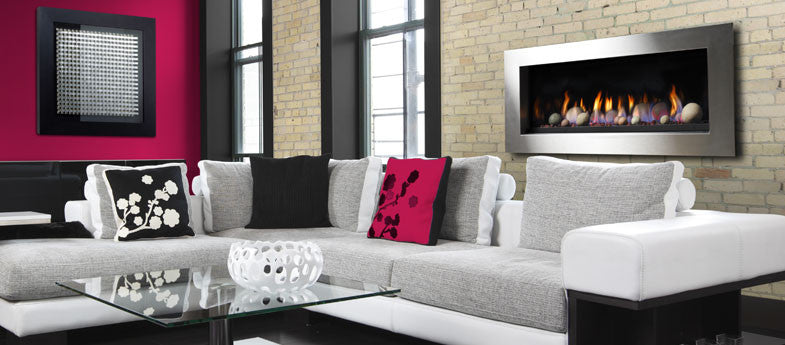 Skyline II linear fireplace with a bold four-sided trim 